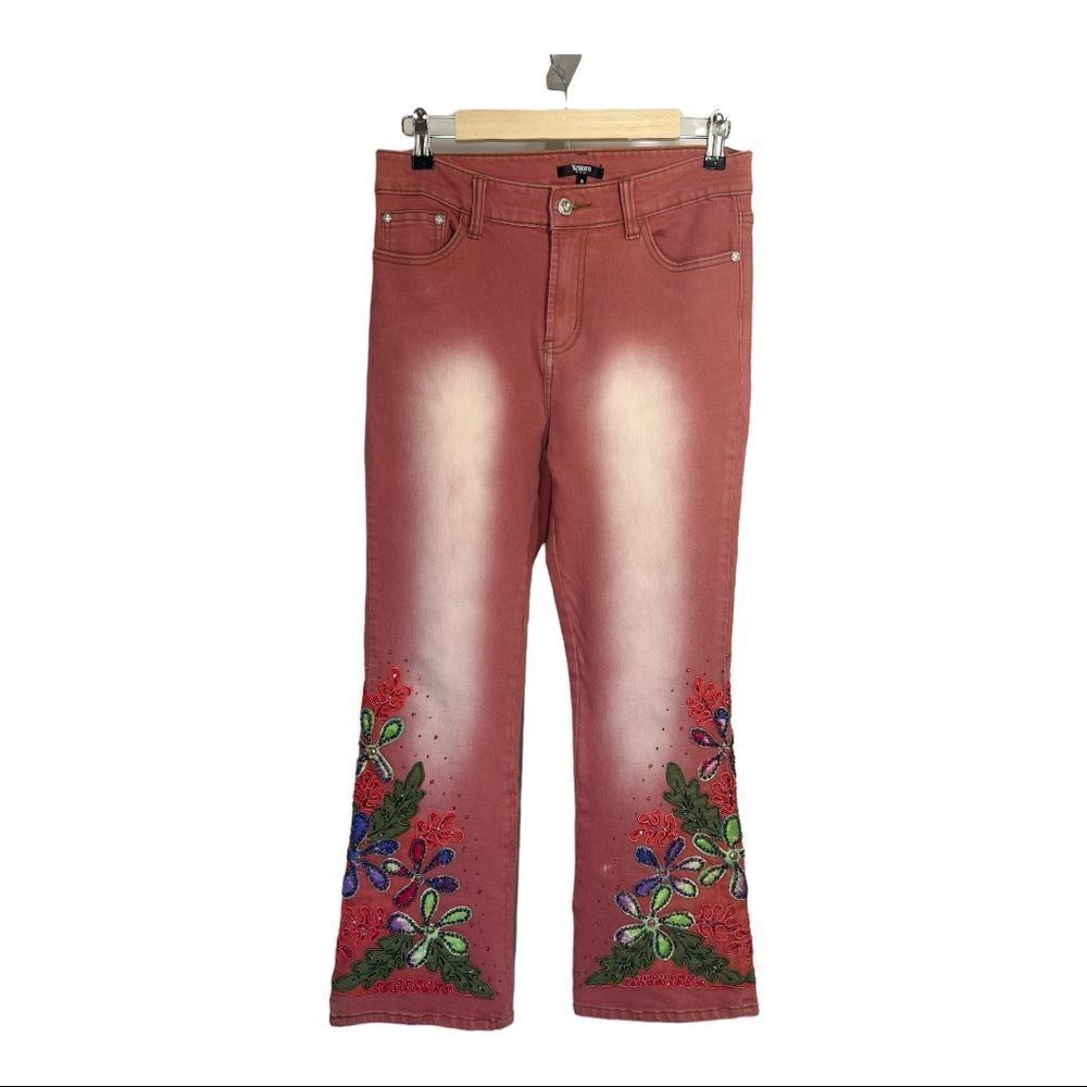 TESORO MODA Women’s Floral Embellished/Beaded High Waist Jeans Pink Size Small